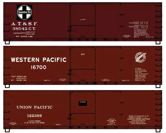 Accurail 8178 USRA 40' Double-Sheathed Wood Boxcar 3-Pack - Kit -- Santa Fe 38542, Union Pacific 122389, Western Pacific 16700 (brown) HO Scale
