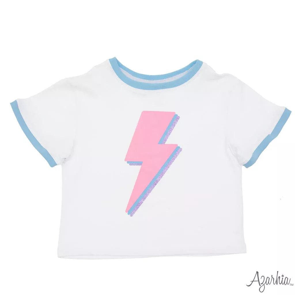 Azarhia Boxy Light Blue Ringer Tee - Pink Lightning Bolt