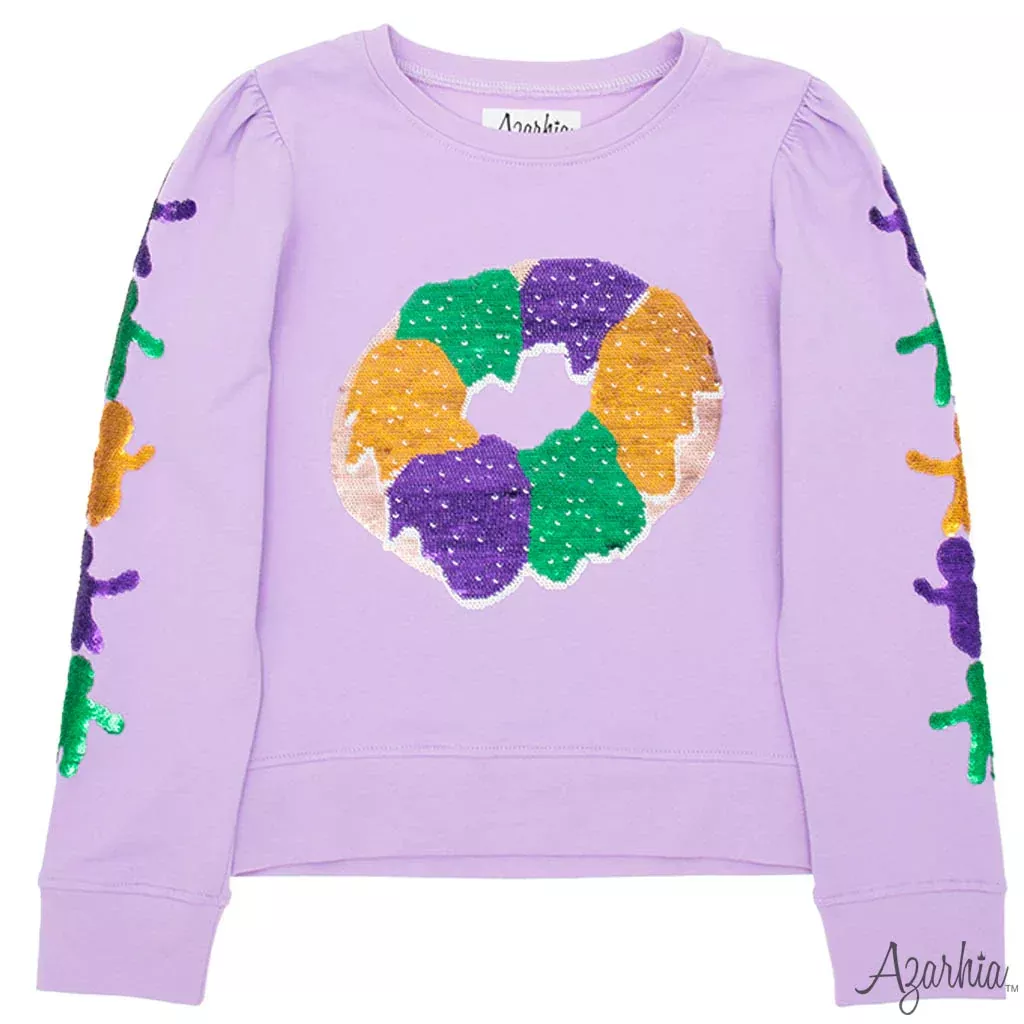 Azarhia Mardi Gras Sequin King Cake & Babies Lavender Holly Top