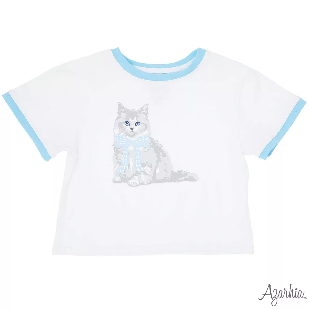 Azarhia White Boxy Ringer Tee - Blue Gingham Bow Kitty