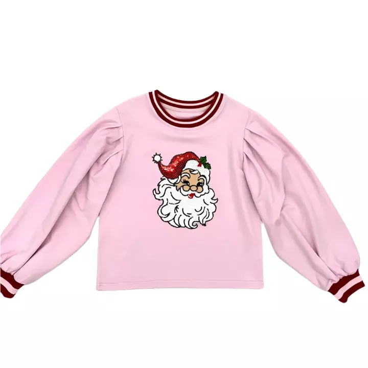 Blended Spirit Pink Sweet Santa Sequin Patch Puff Sleeve Sweatshirt