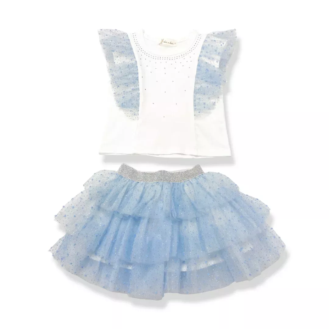 Doe A Dear White/Blue Dot Mesh Trim Tee & Tiered Tutu 2Pc Set