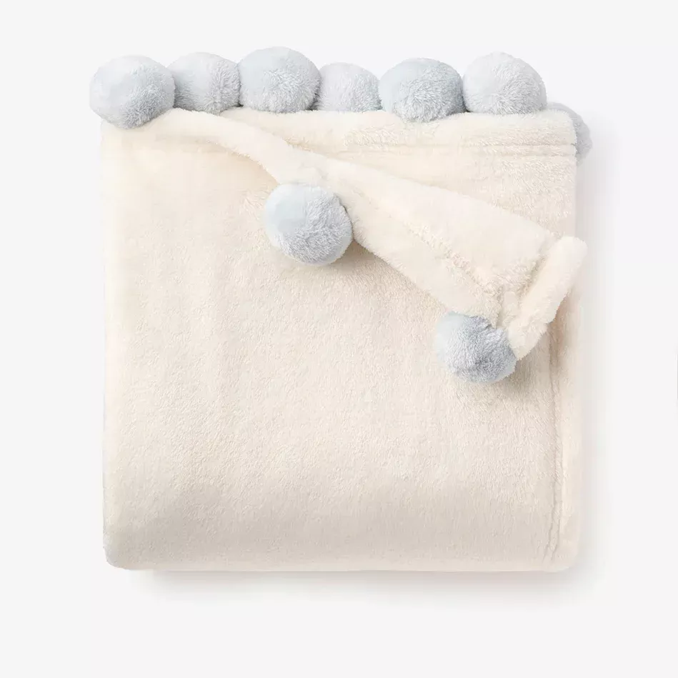 Flannel Fleece Pom Blanket - Blue