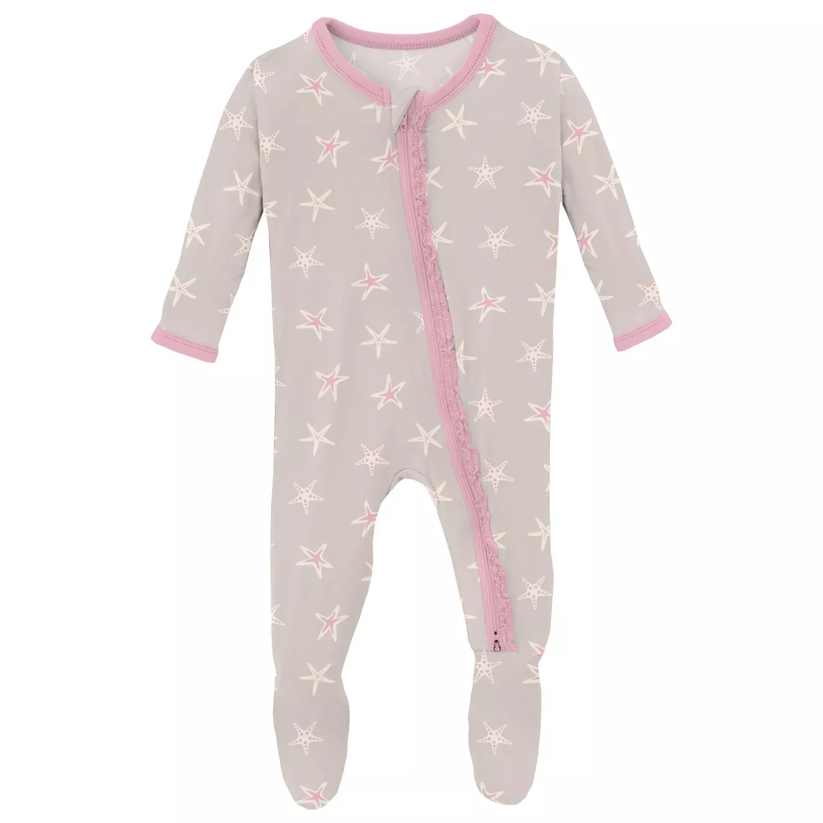 Kickee Print Layette Ruffle 2 Way Zipper Footie - Latte Starfish