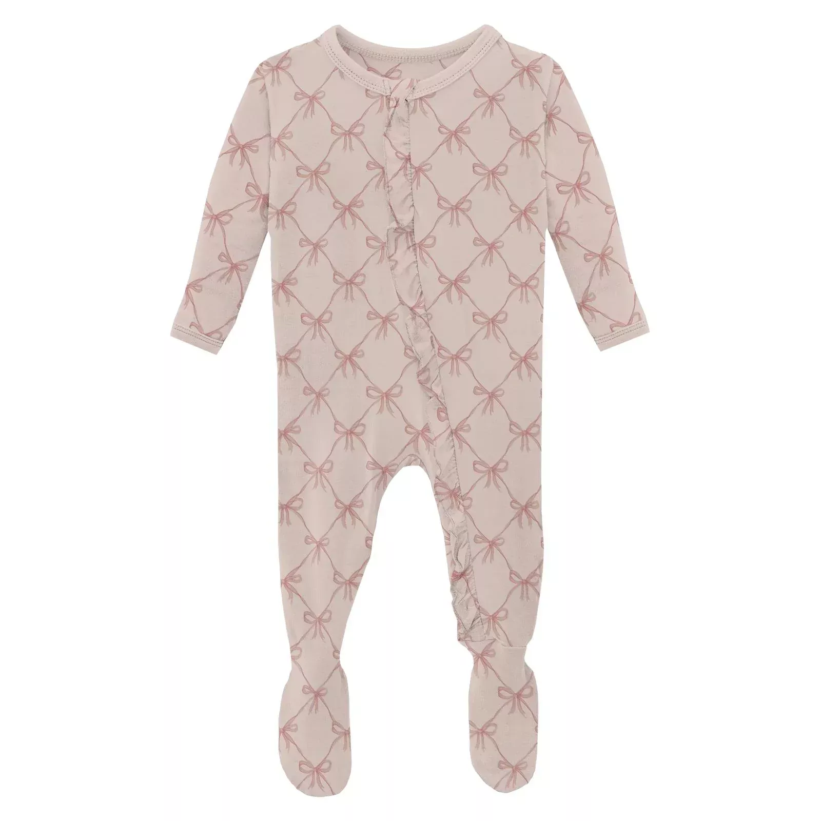 Kickee Print Layette Ruffle 2 Way Zipper Footie - Shrinking Violet Bows