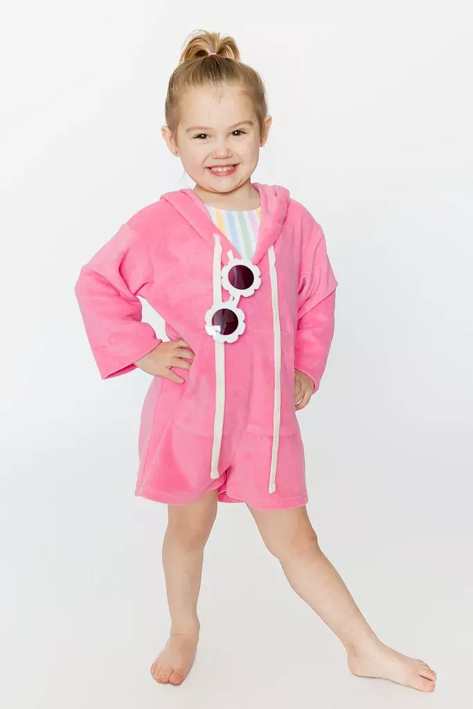 Kids Terry Cloth Romper - Hot Pink