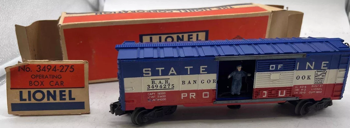 Lionel Postwar 3494-275 STATE OF MAINE Operating Box CarO SCALE Used Excellent Damaged Box
