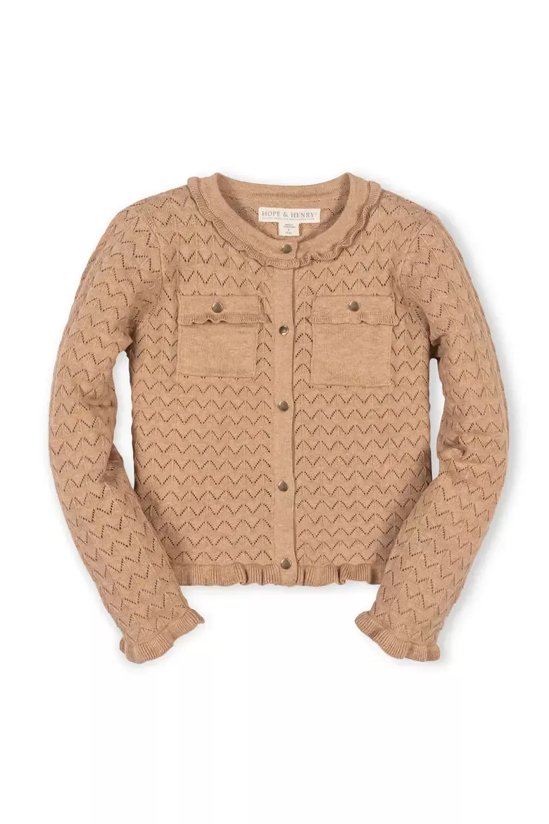 Organic Ruffle Trim Pointelle Cardigan - Camel Heather