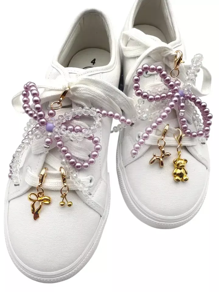 Purple Pearl Bow and Gold Shoe Charm Set For Shoelaces