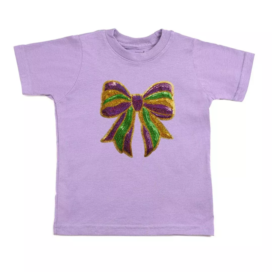 Sweet Wink Mardi GrasSequin Bow Patch T-Shirt- Lavender